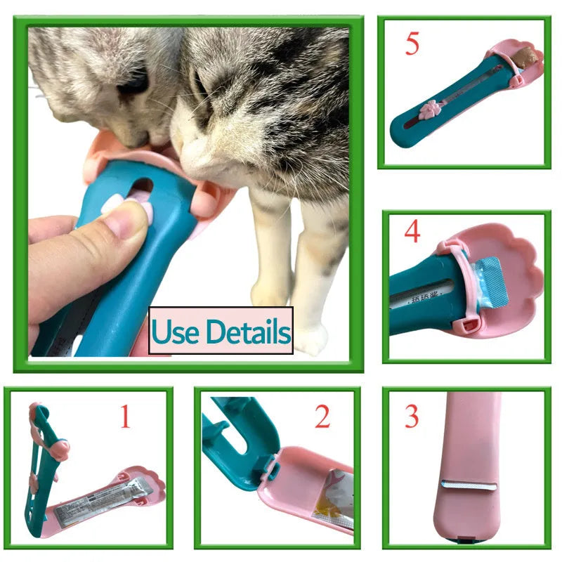 Pet feed spoon with squeezer mechanism for snack extrusion and liquid food dispensing in multiple colour options