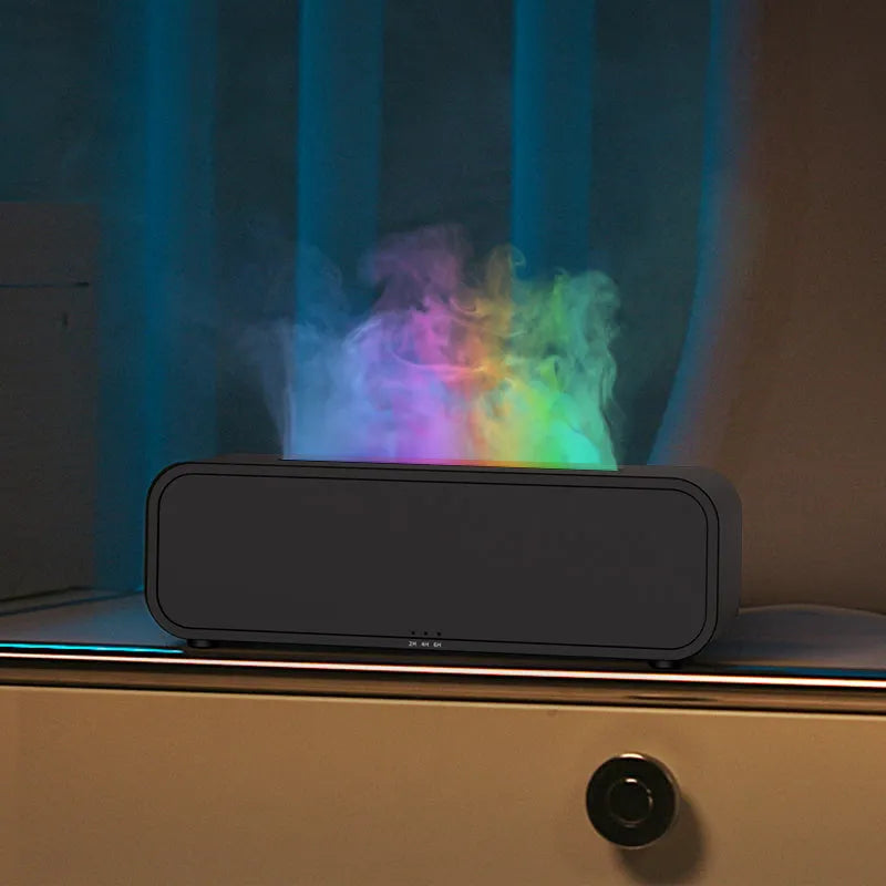 Flame dynamic aroma diffuser with remote control showing colour-changing LED lights