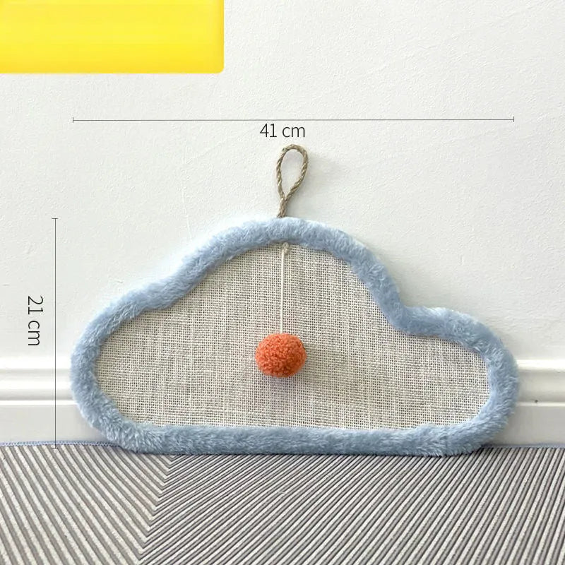 White wall mounted cat scratching mat with cartoon sleeping cat design made from natural sisal.