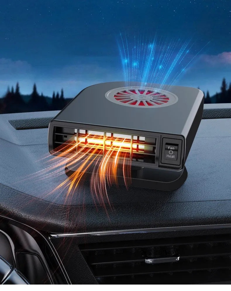 Black vehicle-mounted heater with adjustable vents for car defrosting and defogging, shown with double-sided adhesive.