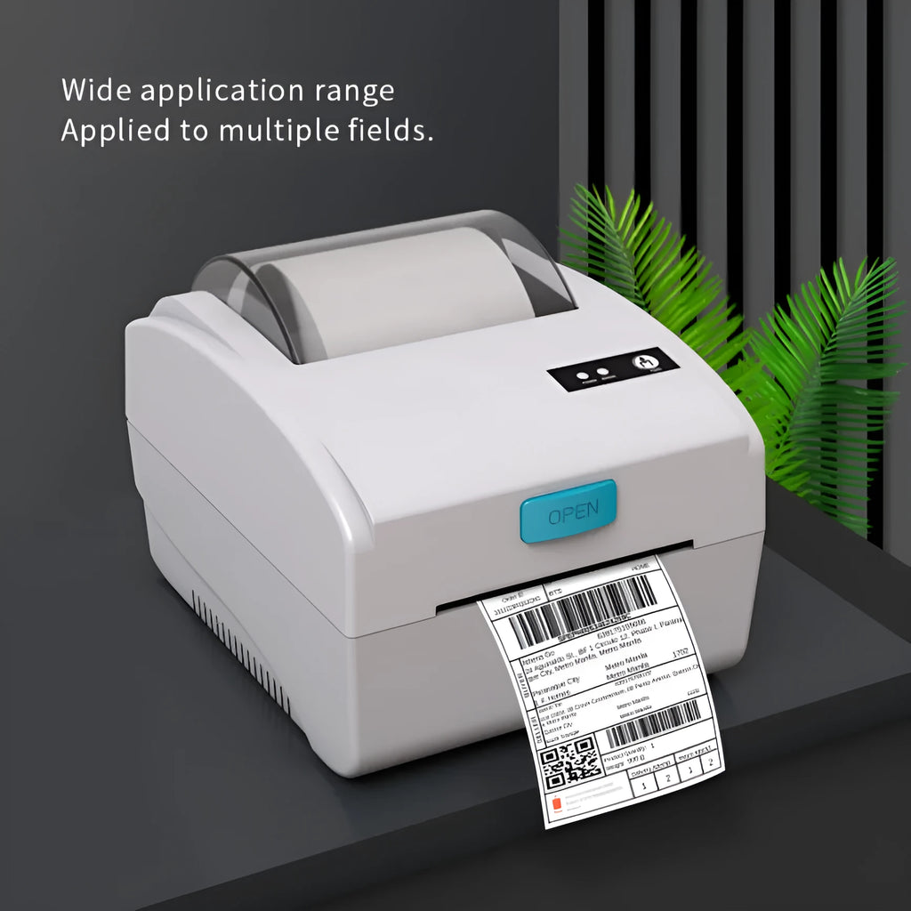 White thermal label printer with USB and Bluetooth connectivity for shipping labels