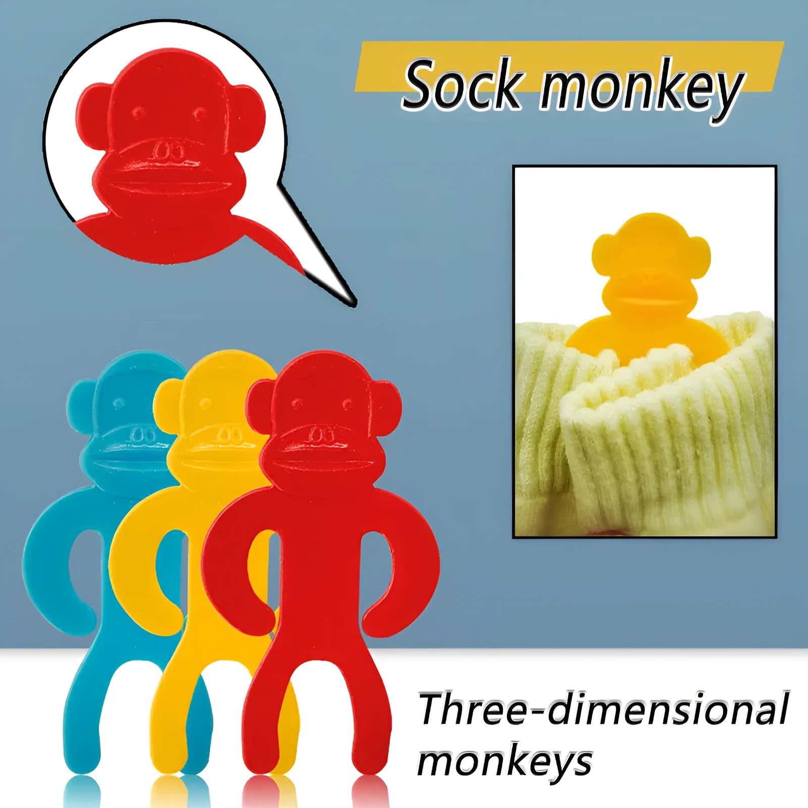 Plastic anti-winding socks storage clips in blue, red and yellow colours for machine washing