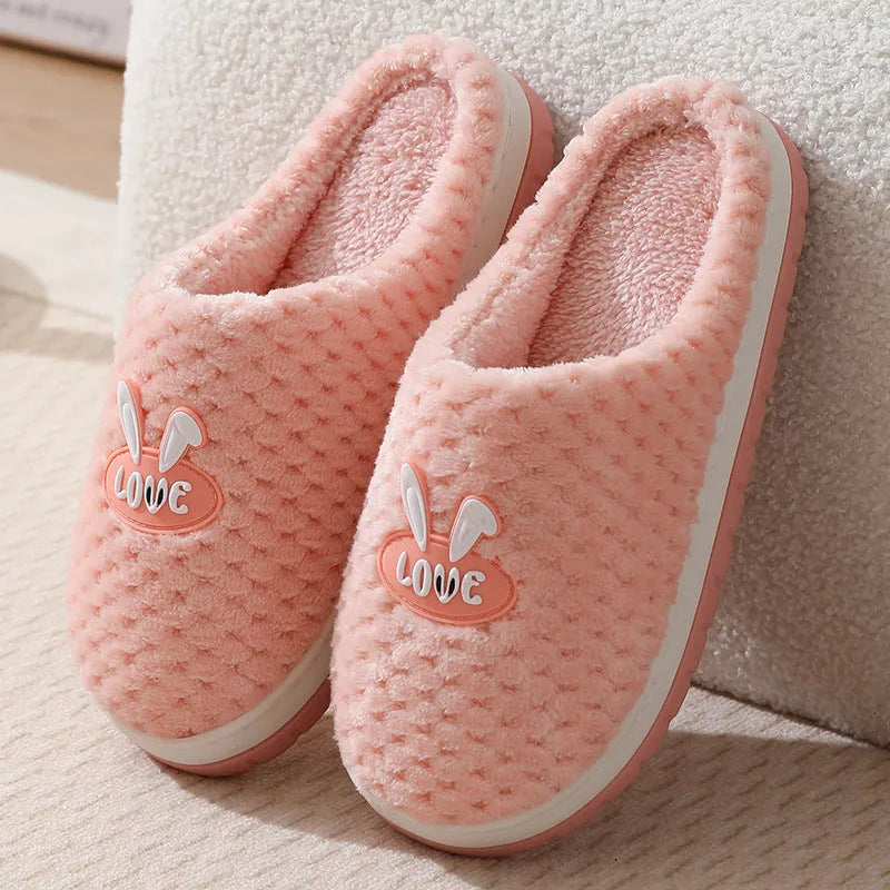 Women's rabbit plaid pattern house slippers with artificial fur upper and non-slip rubber soles