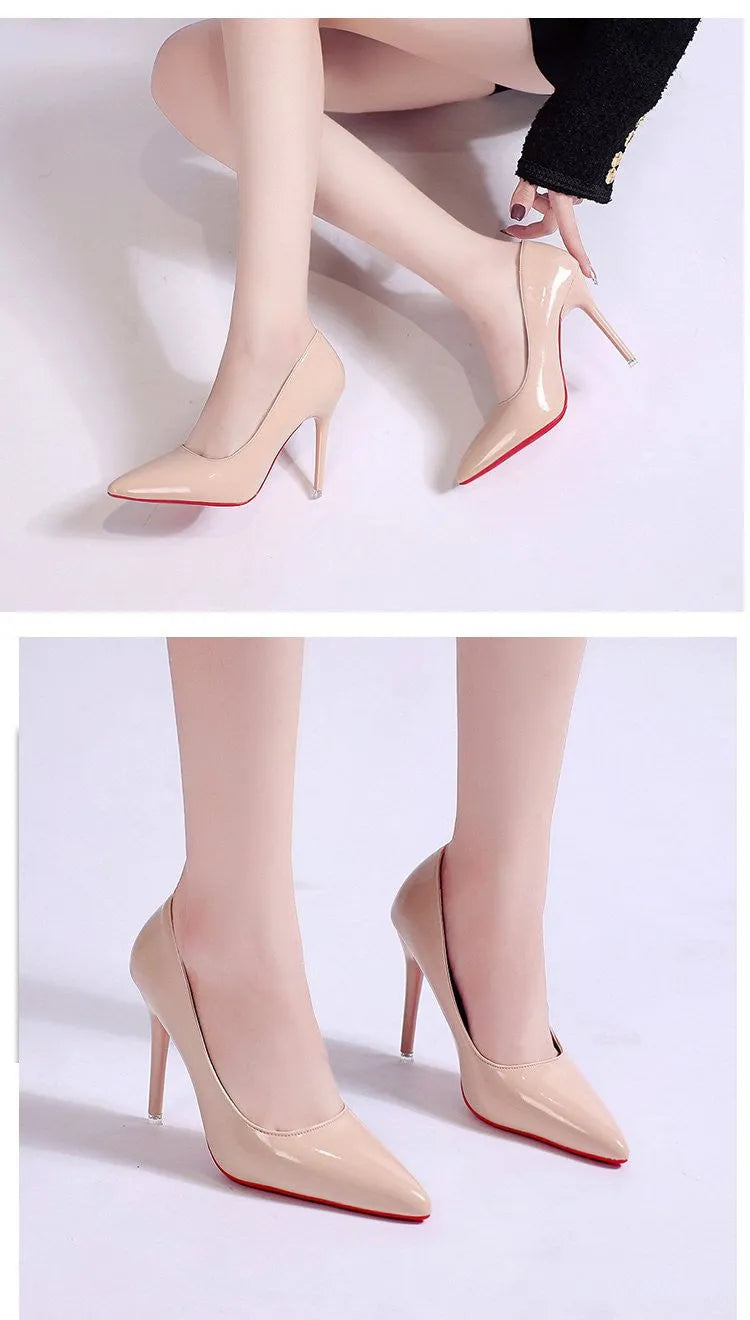 Women's black PU stiletto heel pump shoes with pointed toe and shallow mouth cutout design on white background