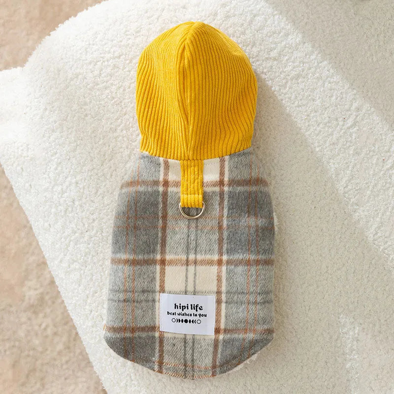 Blue corduroy pet hooded vest with chessboard grid pattern showing hood and traction design
