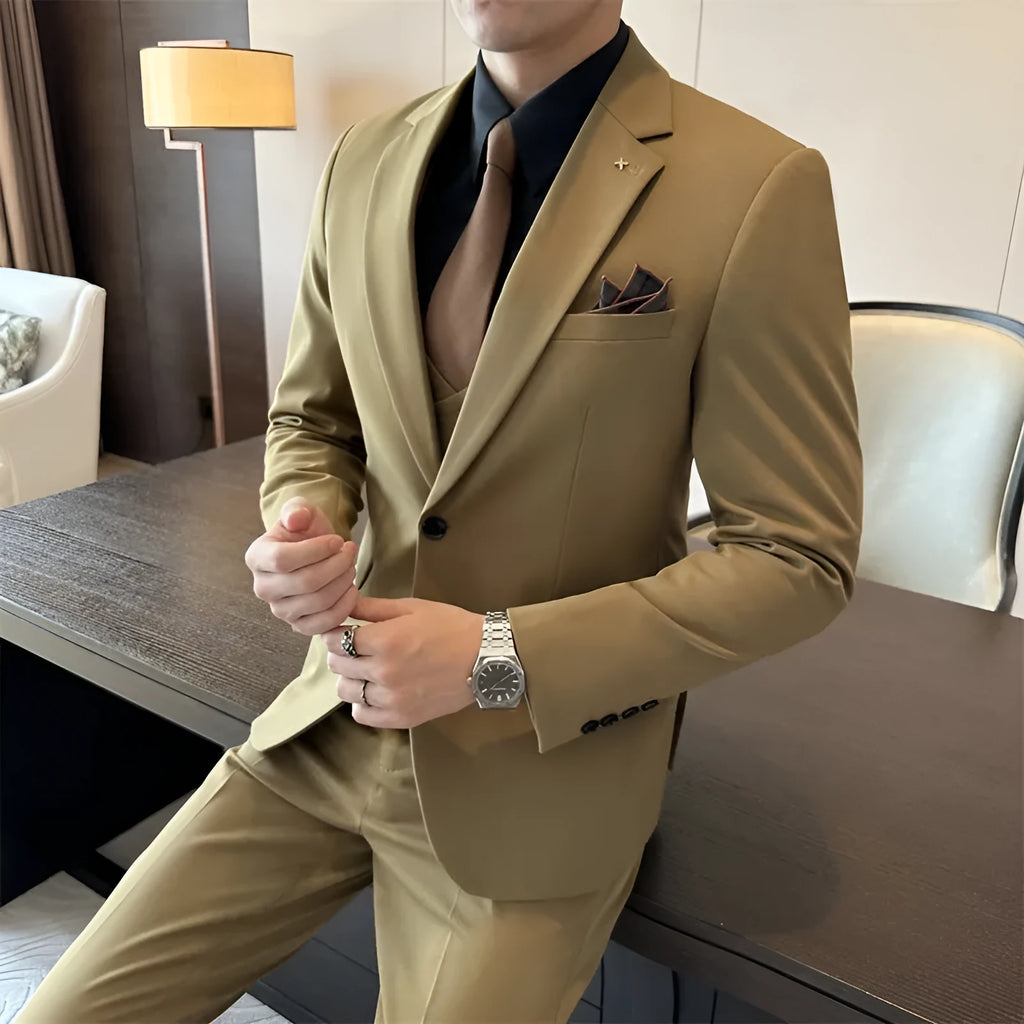Men's dark green slim fit business suit jacket on a hanger.