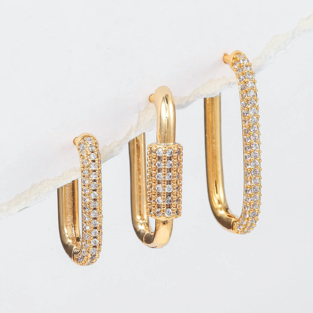 Geometric copper ear clip three-piece set with micro inlaid zircon detailing in gold and white colours