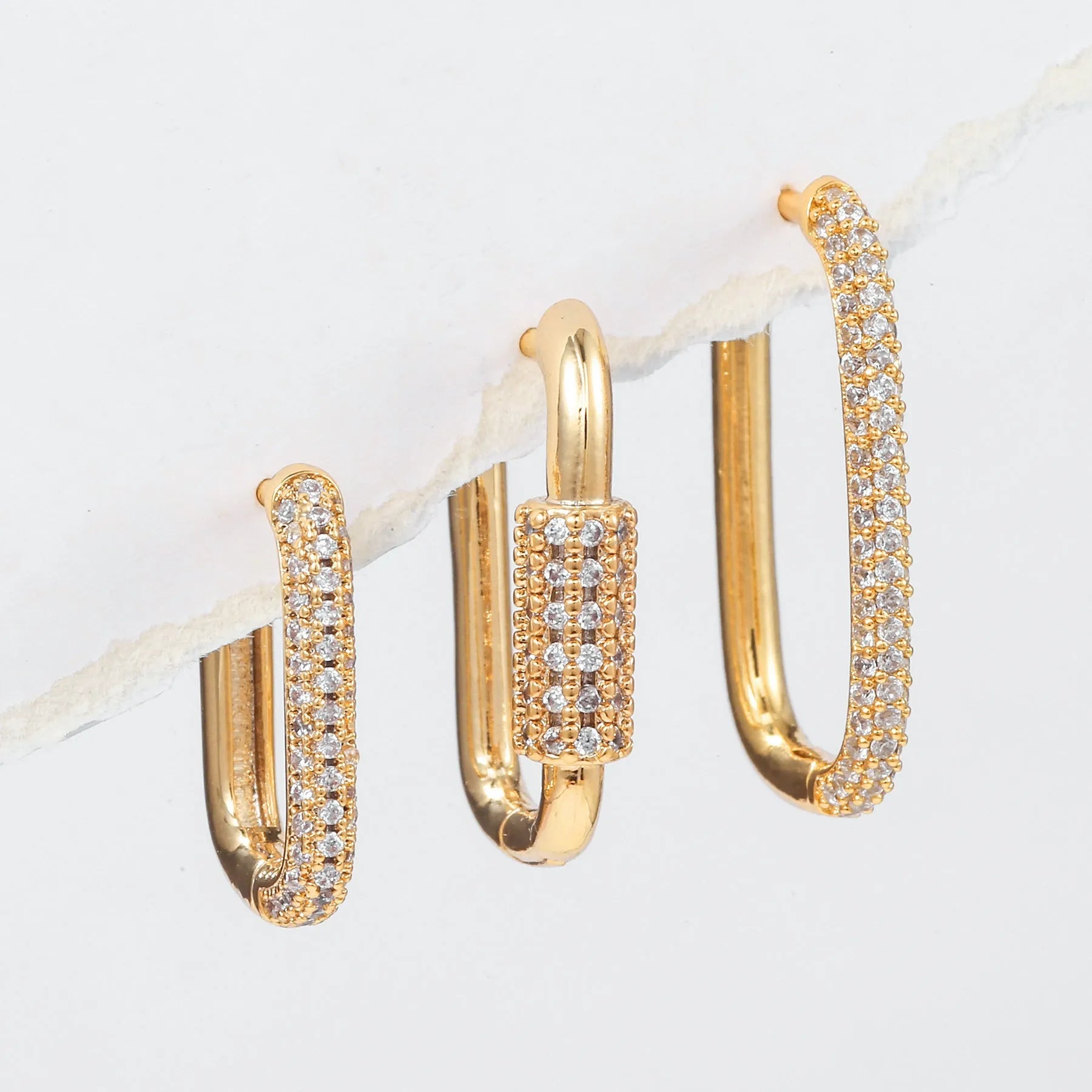 Geometric copper ear clip three-piece set with micro inlaid zircon detailing in gold and white colours