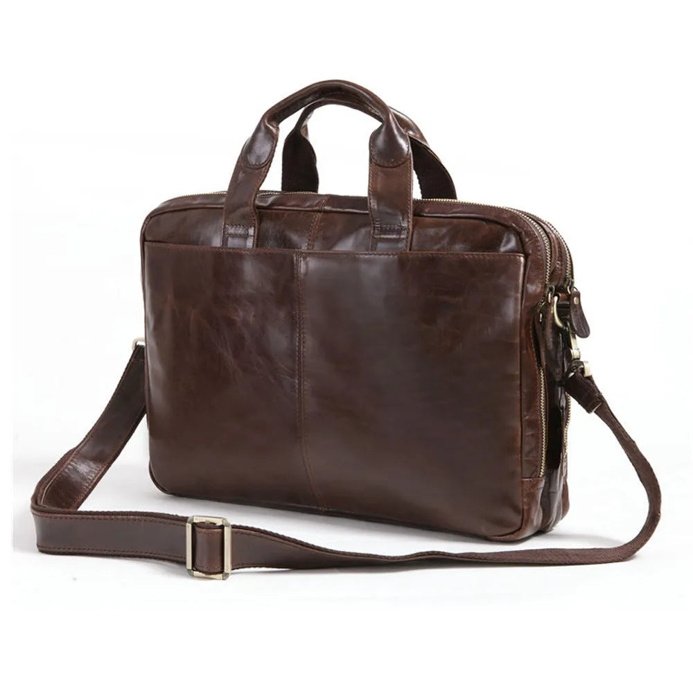 Brown cowhide leather business briefcase with 18-inch size for laptop and document organisation