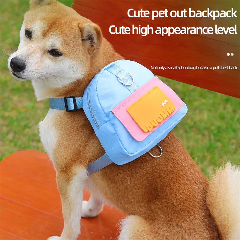 Blue adjustable dog backpack harness with storage pockets and a built-in tow rope laid flat.