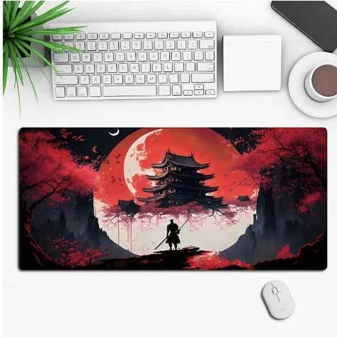Gaming mouse pad with anime graphic design on a desk, showing non-slip rubber cloth base