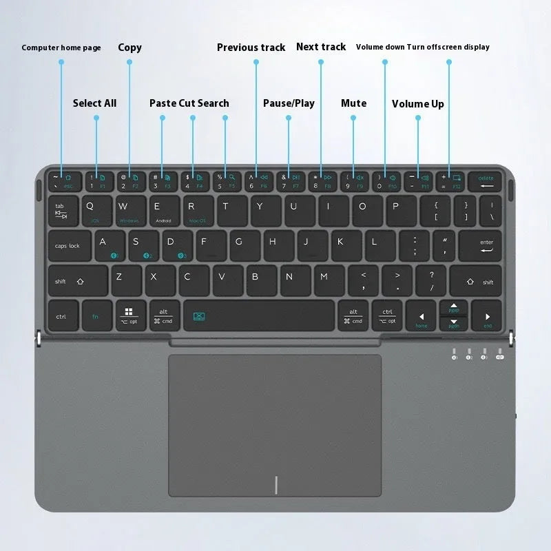 Grey folding Bluetooth wireless keyboard for phones and tablets shown folded and unfolded