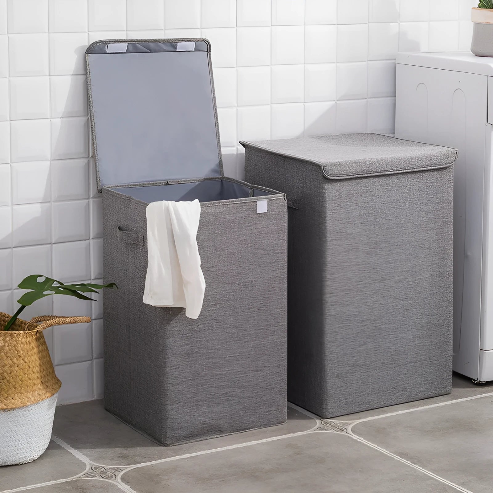 Grey foldable storage basket with three-dimensional design showing cotton linen fabric texture