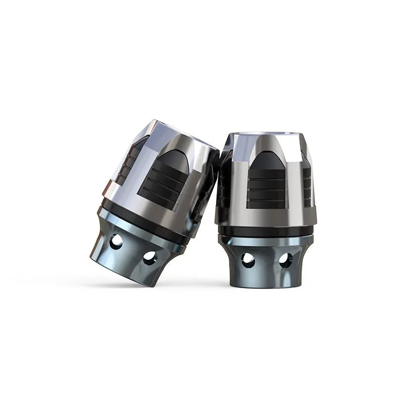 A pair of aluminium alloy fork cups with an anodised coloured finish, for vehicle front axle applications.
