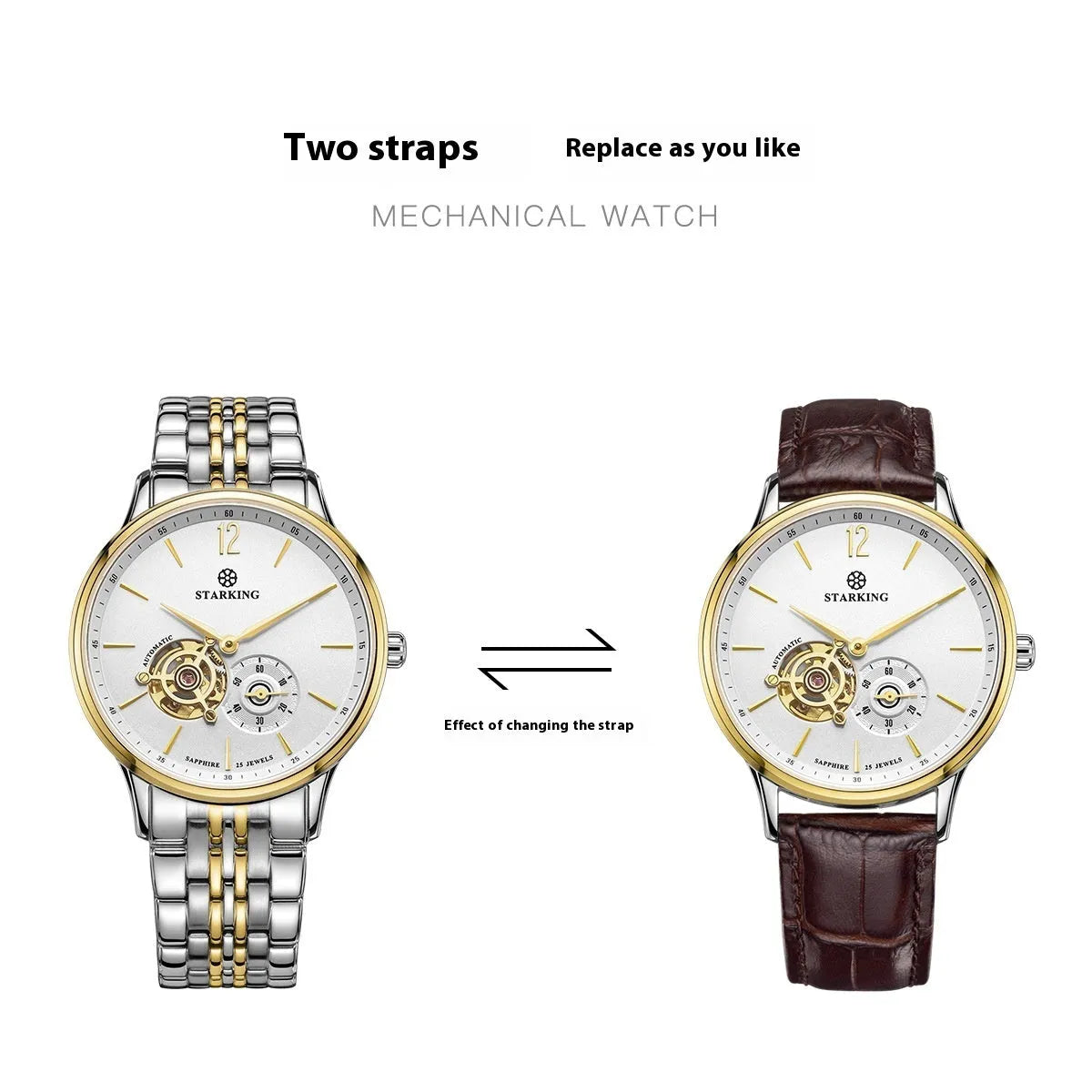 Automatic mechanical men's business watch with hollow three-needle design on brown leather strap