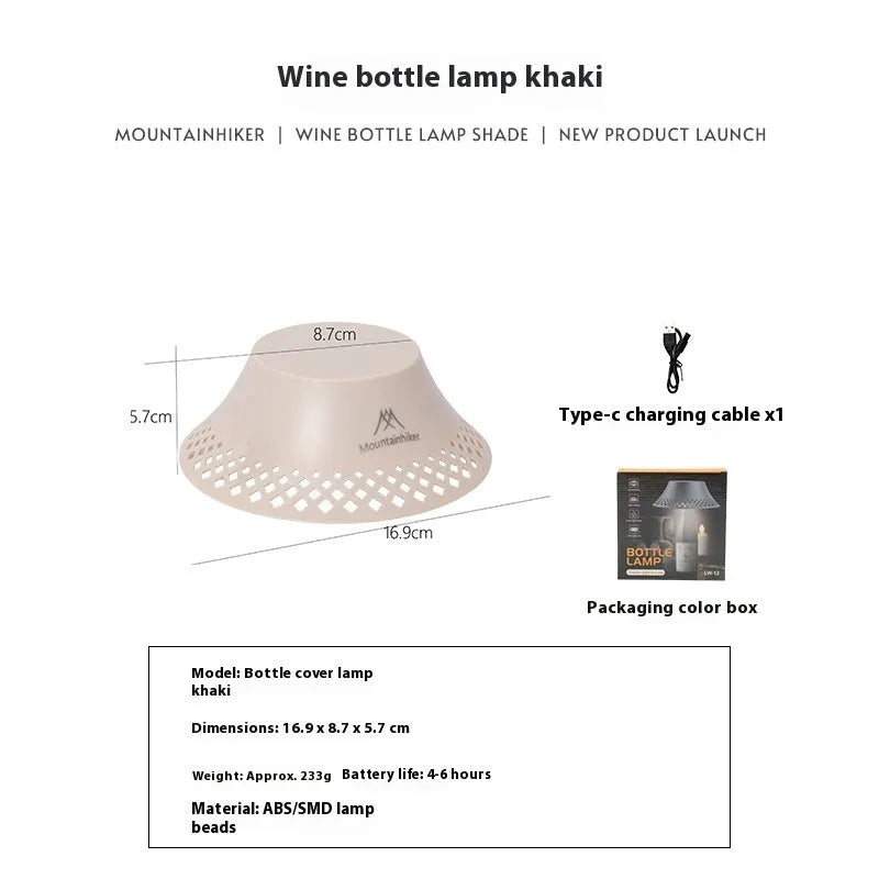 Wine bottle shaped camping lantern in beige or grey colour with USB-C charging port