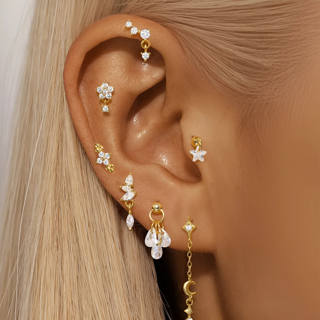 S925 sterling silver geometric earrings with moon and diamond-embedded star design in gold colour