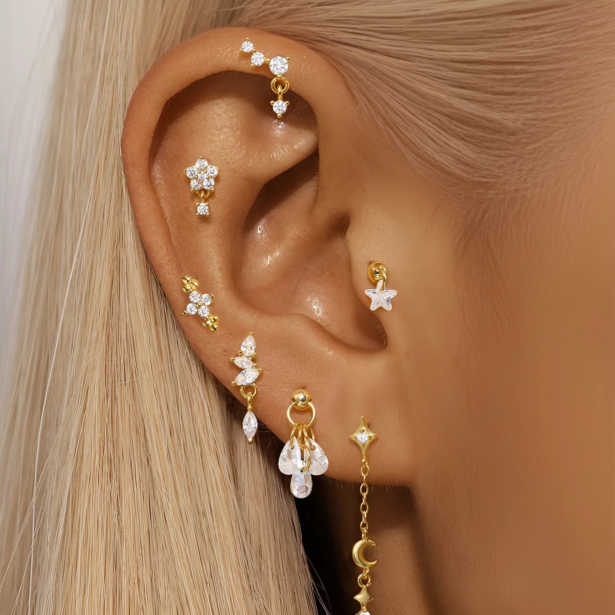 S925 sterling silver geometric earrings with moon and diamond-embedded star design in gold colour