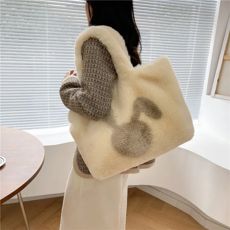 Cartoon rabbit ears plush shoulder bag in multiple colour options with large capacity
