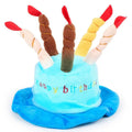 Blue and pink birthday hats for toy dogs on a festive background.