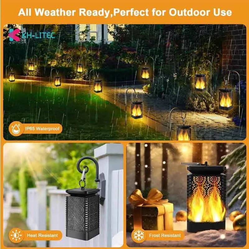 Four black solar-powered flame torch lights with flickering LED effect for garden decoration