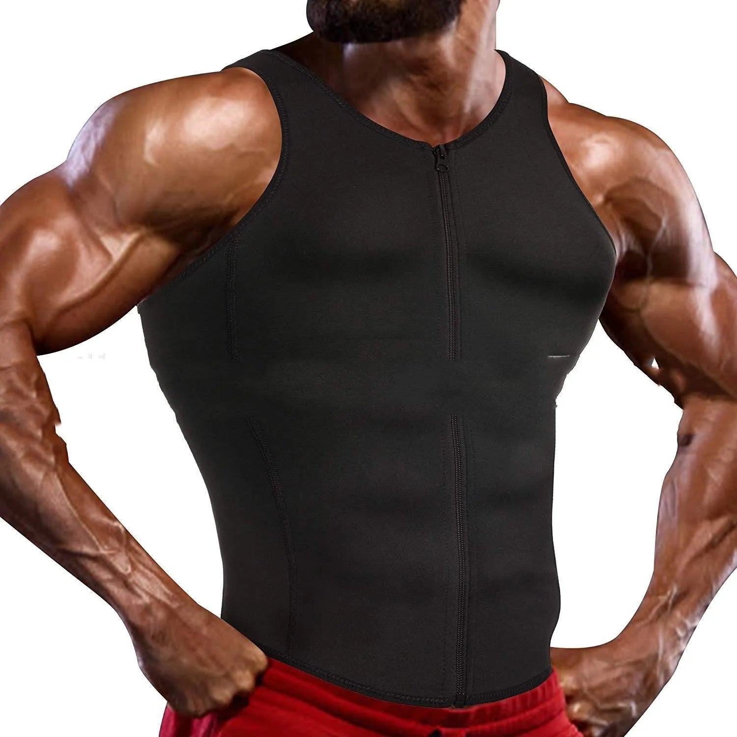 Men's black polyester waist girdling zipper vest for belly contraction and lumbar support