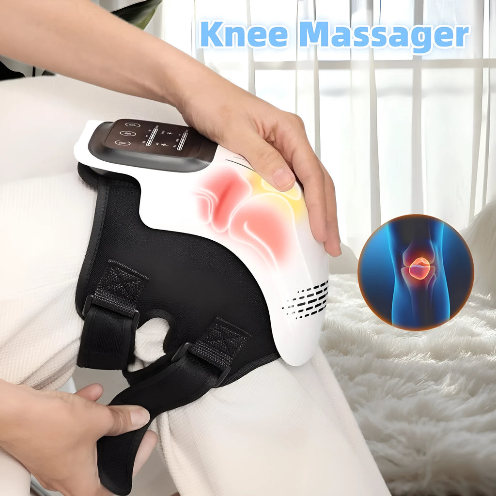 White wearable electric knee massager with straps, showing controls for kneading, heat, and vibration therapy.