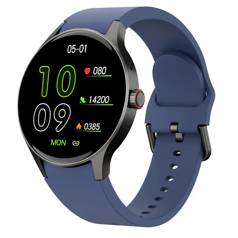 Bluetooth smart sport watch with round colour touch screen and IP68 waterproof rating in black, blue, pink, or red
