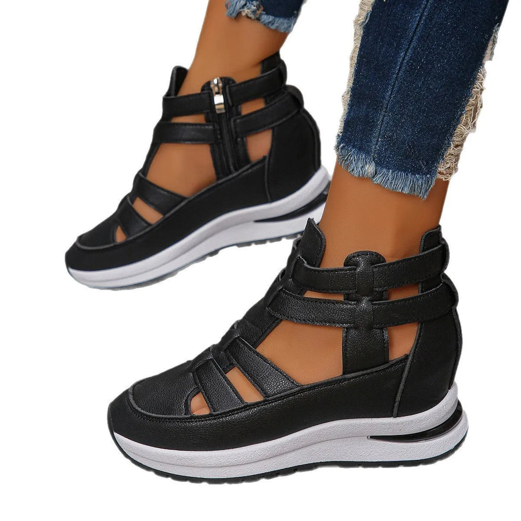 Black women's close-toed platform sandals with hollow-out design and Velcro strap