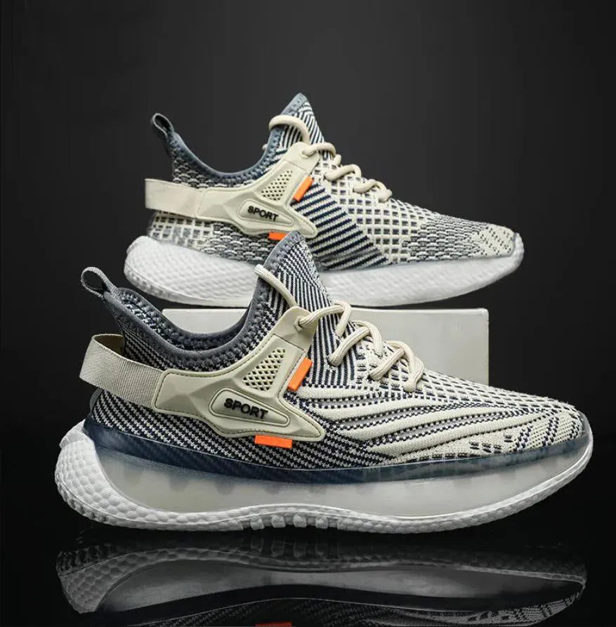 Men's white low-top platform sneakers with woven mesh upper and round toe.