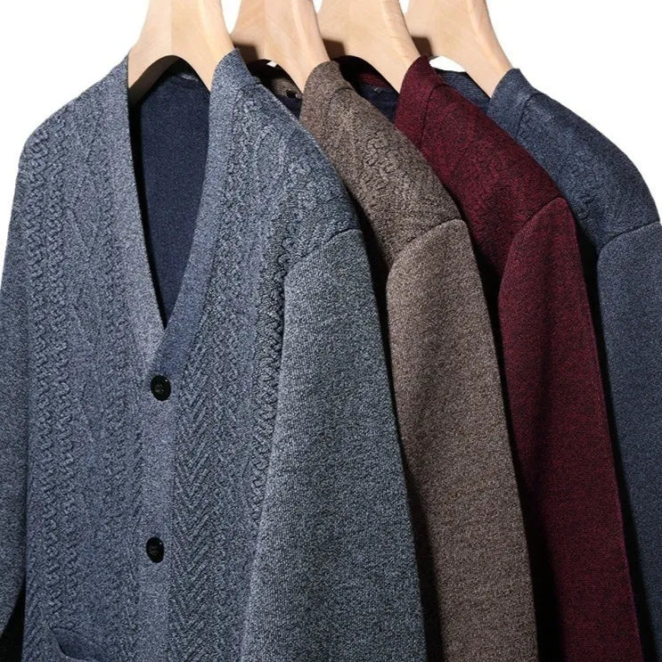 Men's plus size striped long sleeve cardigan sweater on a hanger showing wool lining.
