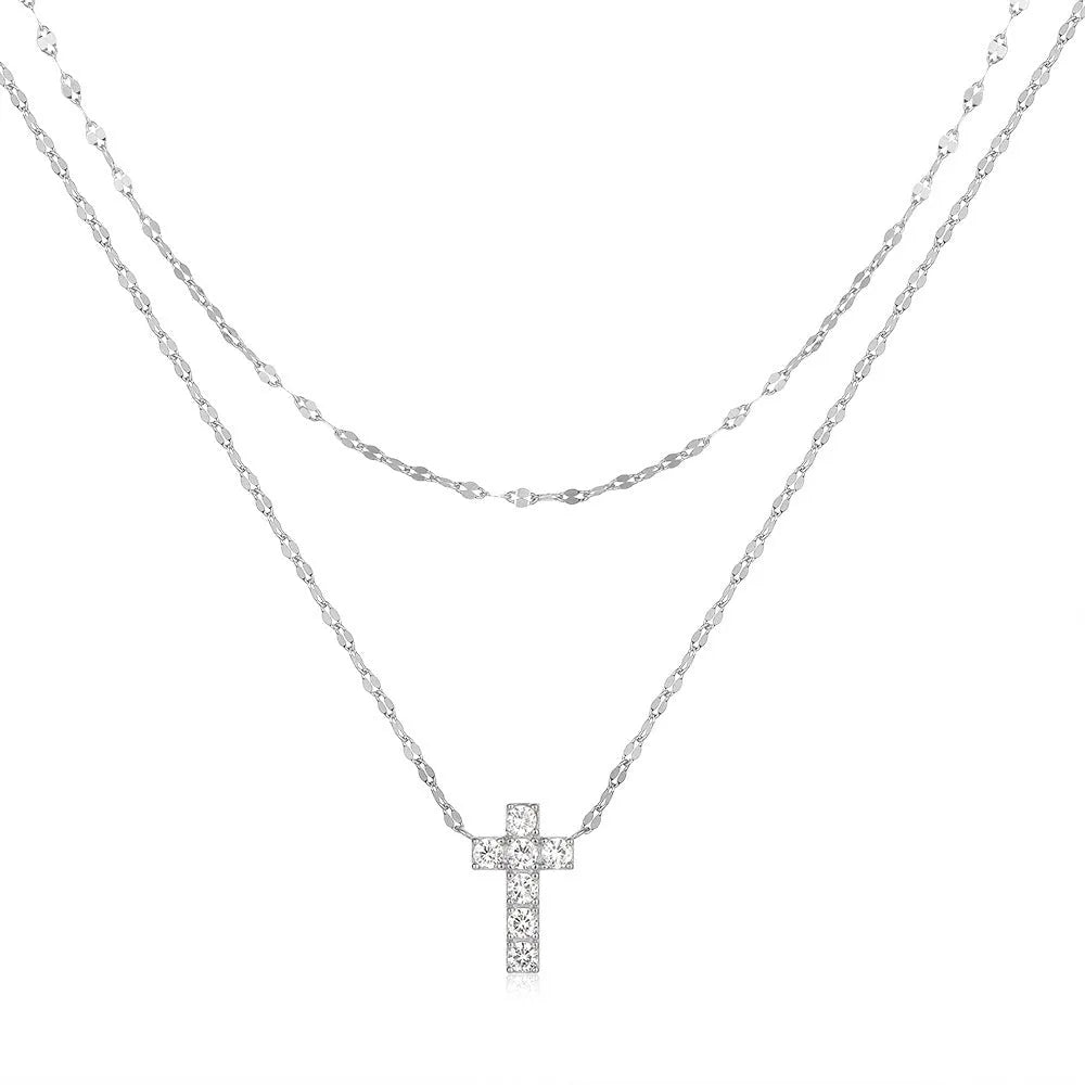 Sterling silver double layer cross pendant necklace with clavicle chain in gold or white gold plating