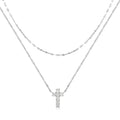 Sterling silver double layer cross pendant necklace with clavicle chain in gold or white gold plating