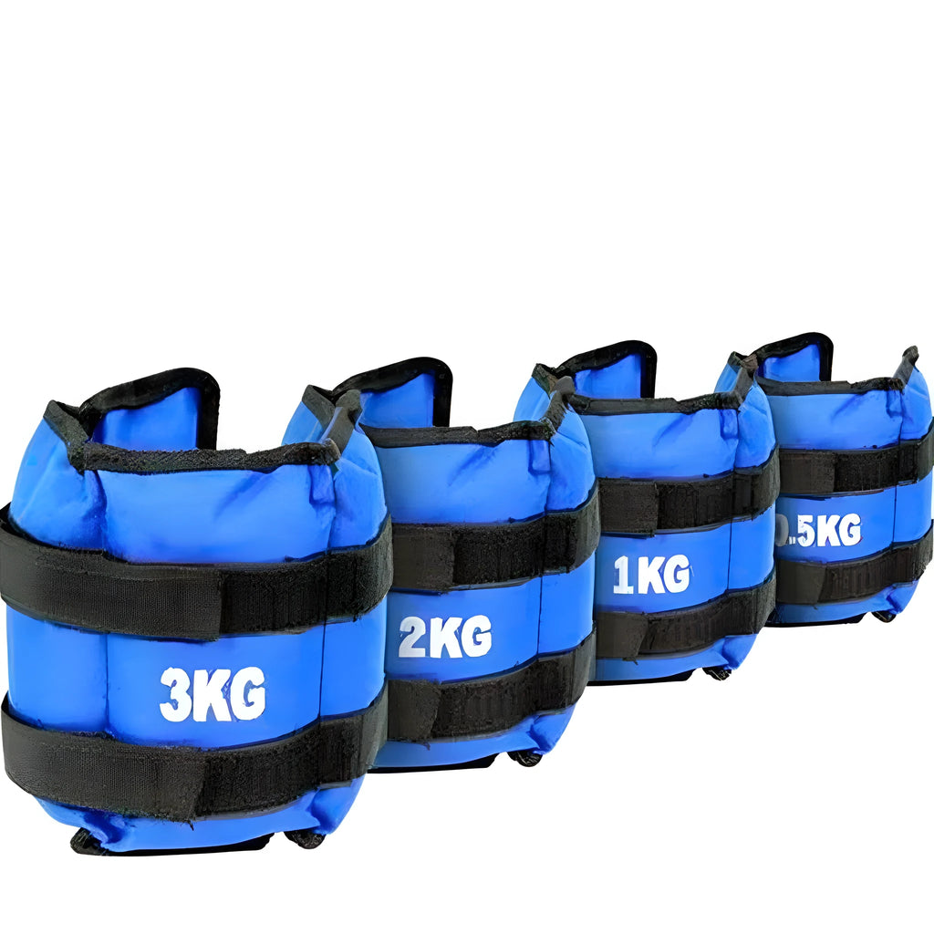 A pair of Oxford cloth legging sandbags for ankle weight training in track and field.