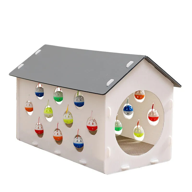 Integrated cat scratch board and nest with plastic tunnel and bell ball toy