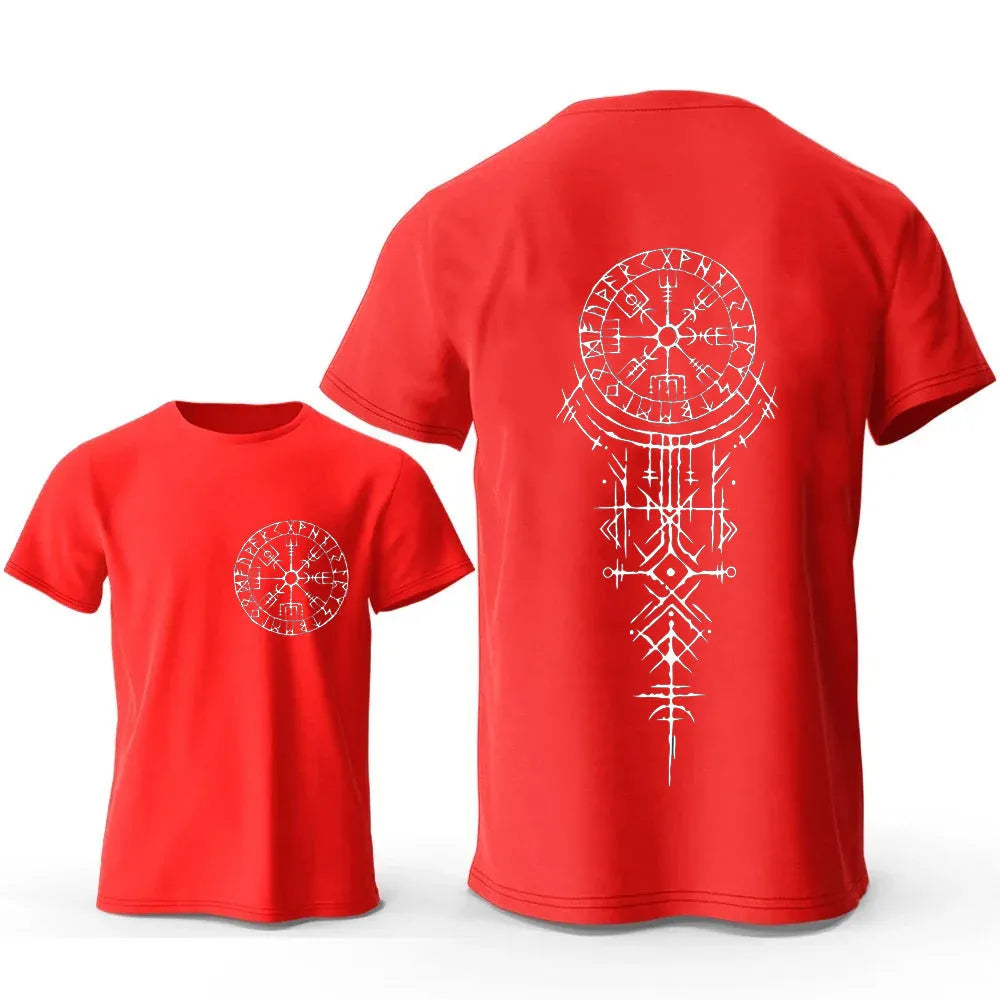 Men's grey T-shirt featuring a detailed Viking rune compass and smiling face graphic print on the chest.