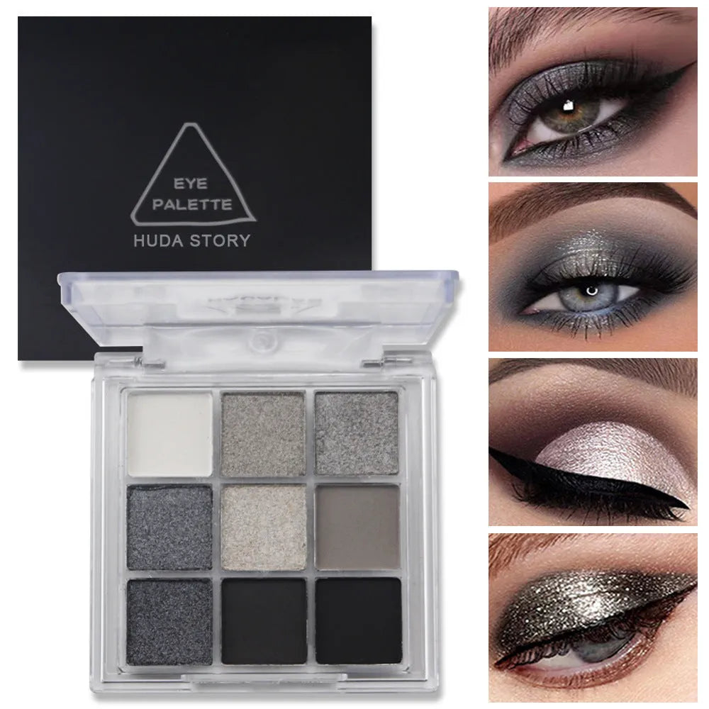 Nine-colour smoked theme eyeshadow palette showing white, silver, black, and iron grey shades