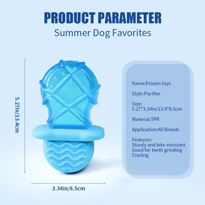 Three silicone dog cooling toys: pacifier, popsicle and ring shapes for summer heat relief