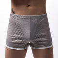 Men's grey cotton blend three-point boxer shorts laid flat, showing mid-waist design.