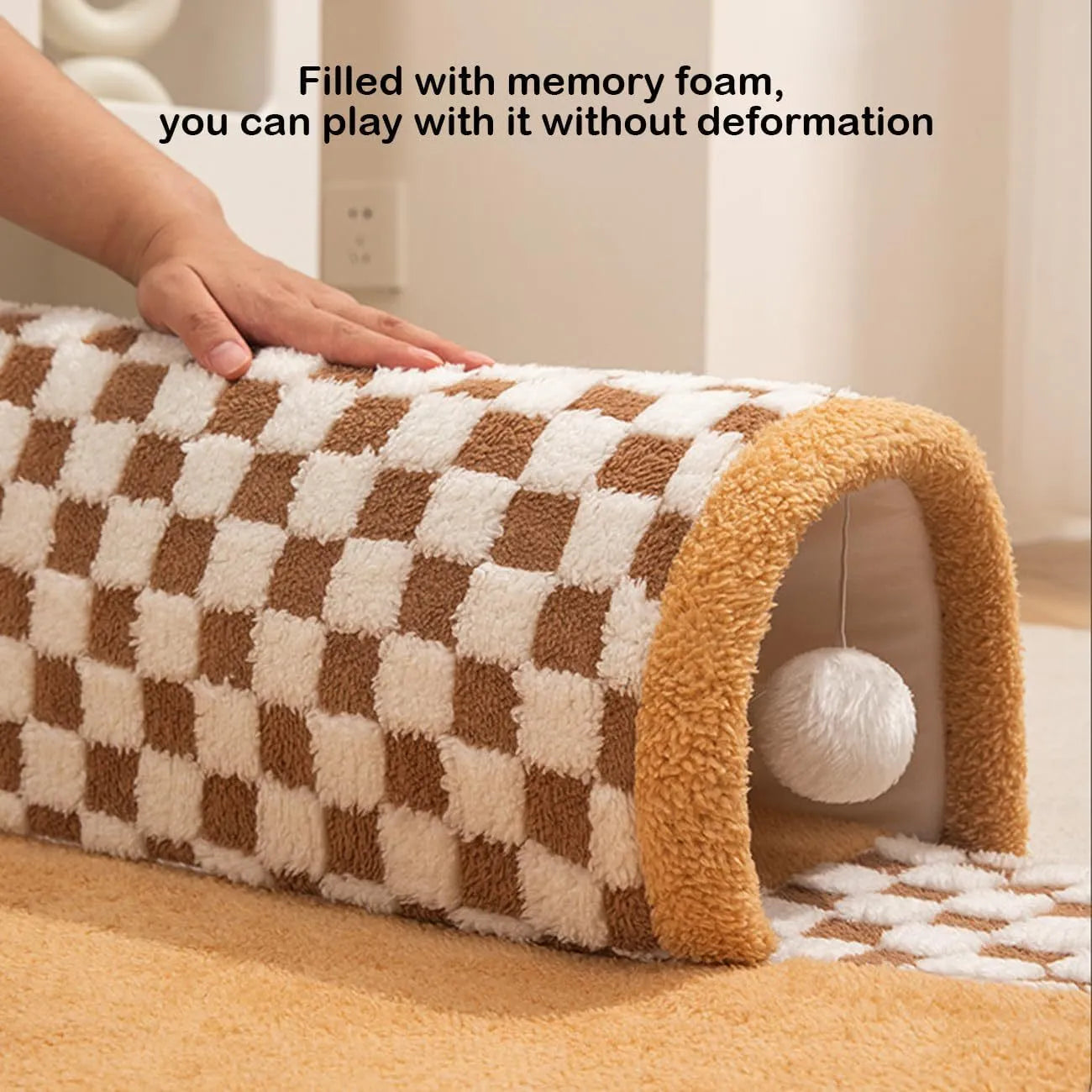 XL size coffee and yellow plush 2-in-1 pet bed with integrated tunnel for cats and dogs