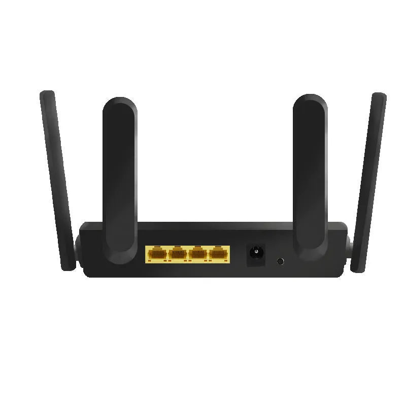 White 300Mbps wireless router with black antennas placed on a desk, size 26 x 6 x 6 cm
