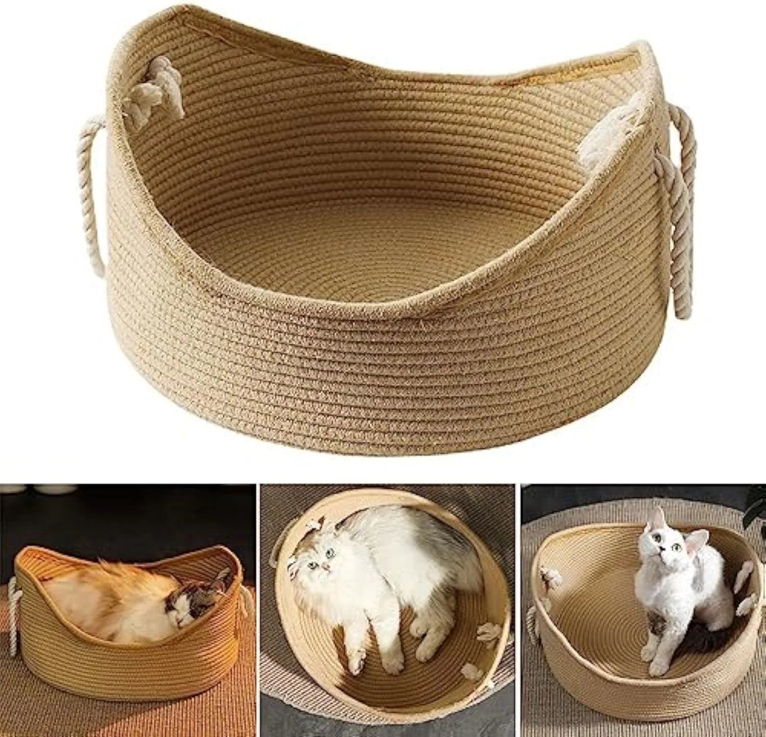 Wicker-style cat bed basket with a corrugated scratching board inside.