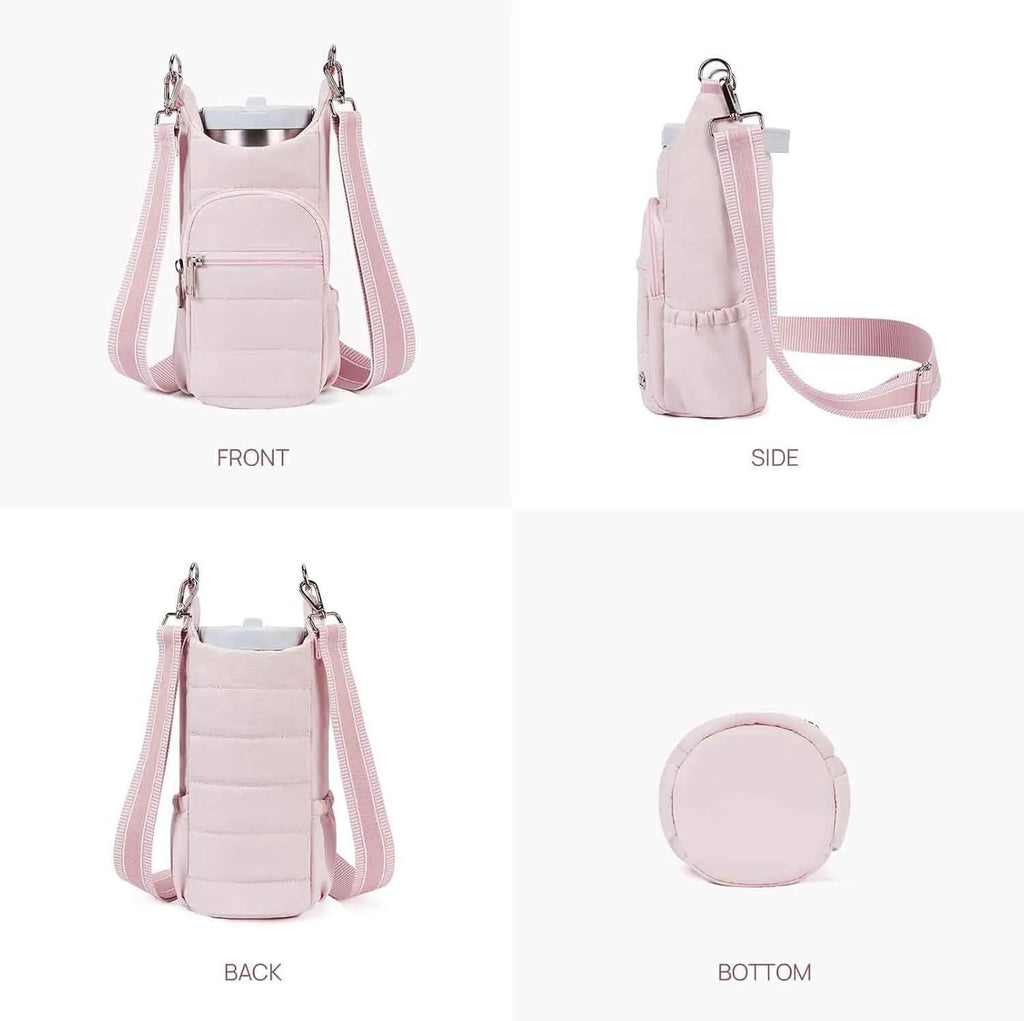 A modern simplicity style cloth water bottle bag for bicycles in a choice of black, pink or beige.