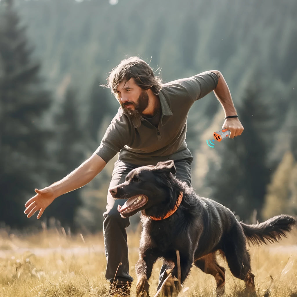 Grey orange and black orange three-head ultrasonic dog trainer for outdoor pet behaviour control.