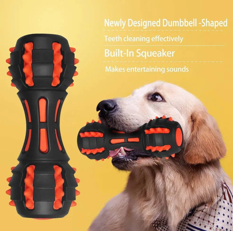 Red natural rubber dumbbell-shaped dog chew toy for aggressive chewers
