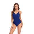 Ladies' backless mesh one-piece swimsuit in solid black or blue, showing high elasticity fit.