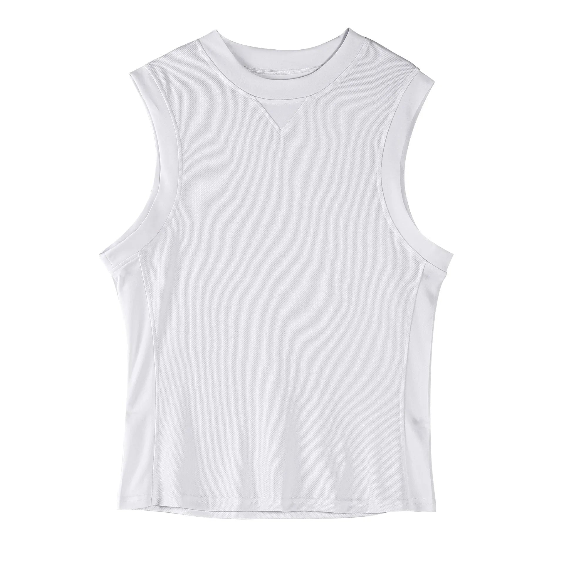 Men's loose fit sports vest in white or black colours showing chemical fibre blend quick-dry fabric