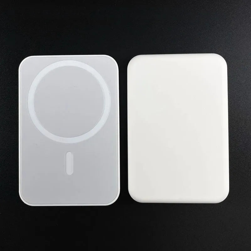 White PVC magnetic wireless charger power bank showing 5000mAh capacity and compact design