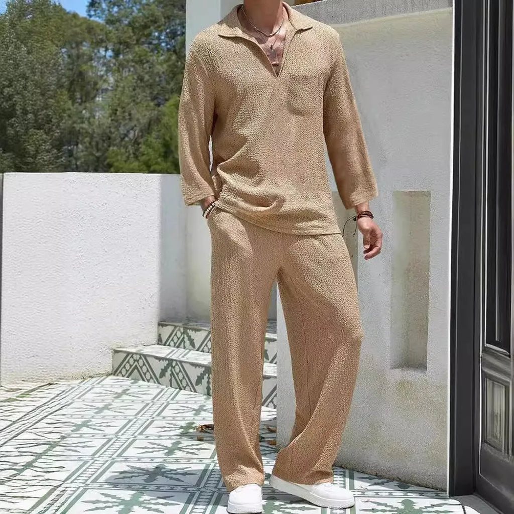 Men's casual shirt and trousers polyester suit set in lake blue colour for autumn wear.
