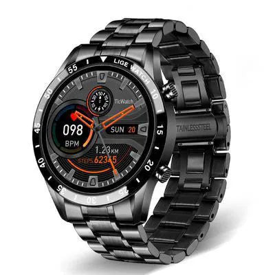 Smart watch with stainless steel wristband and 1.3 inch screen showing step count display